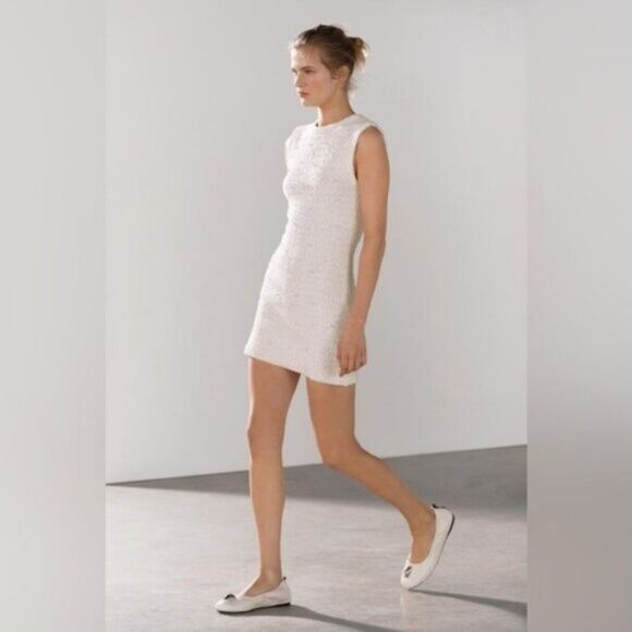 NWT ZARA TWEED PEARL TEXTURED MINI DRESS - Picture 7 of 11